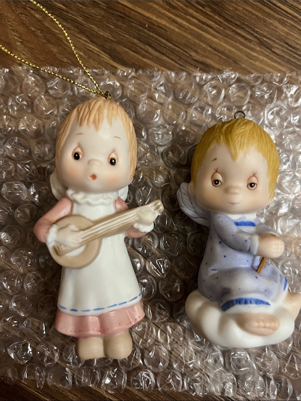 Porcelain Angel Ornament Set - Pink & Blue Holiday Figurines